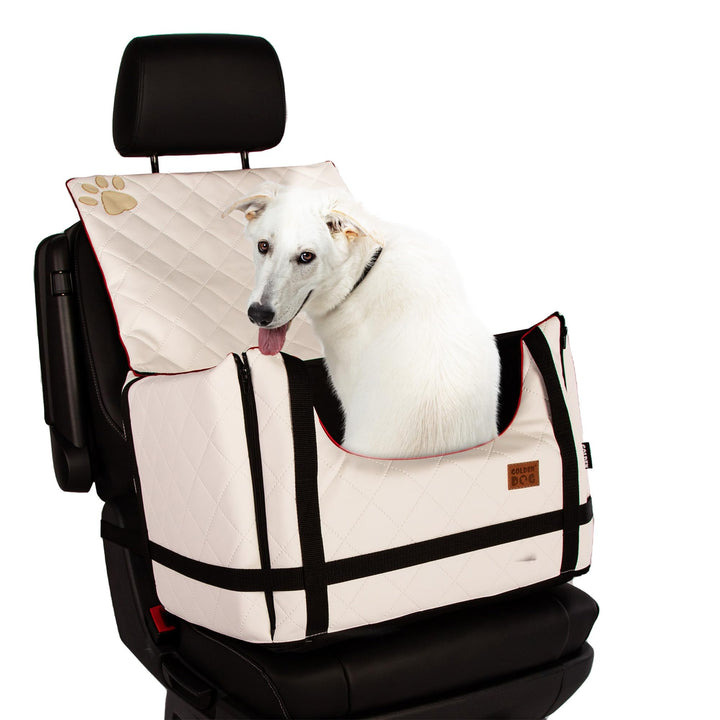 Golden Dog - Transportbox Hund mit Sicherheitsgurt M-52x44x33 cm - Leder Imitation Autositz Hund, Wa