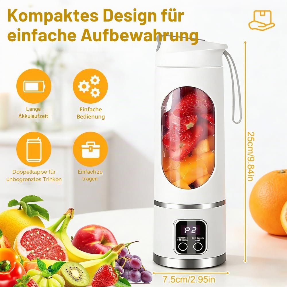 Tragbarer Mixer Smoothie Maker, 450ml USB Mini Mixer to Go mit Digitalanzeige, 12-Klingen Portable B