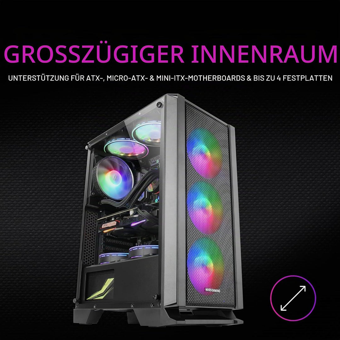 Mars Gaming MC100, ATX Gaming Gehäuse, 9 cm FRGB Lüfter, Convect-Cool Belüftung, Schwarz MCC Schwarz