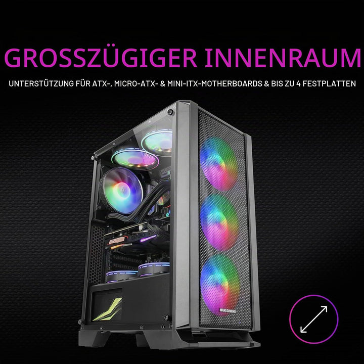 Mars Gaming MC100, ATX Gaming Gehäuse, 9 cm FRGB Lüfter, Convect-Cool Belüftung, Schwarz MCC Schwarz