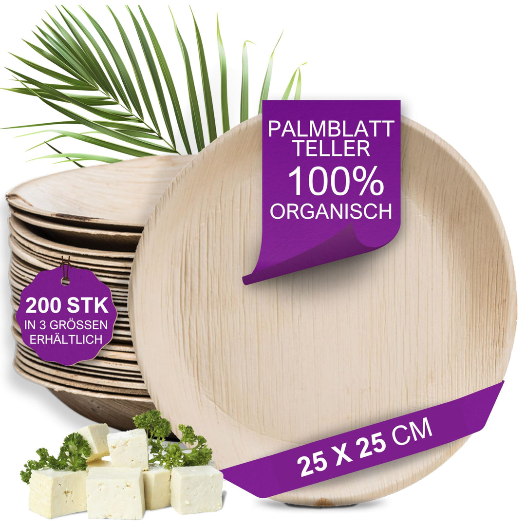Waipur Bio Palmblatt-Teller - 200 Teller rund gross Ø 25 cm - Premium Einweg Geschirr kompostierbar