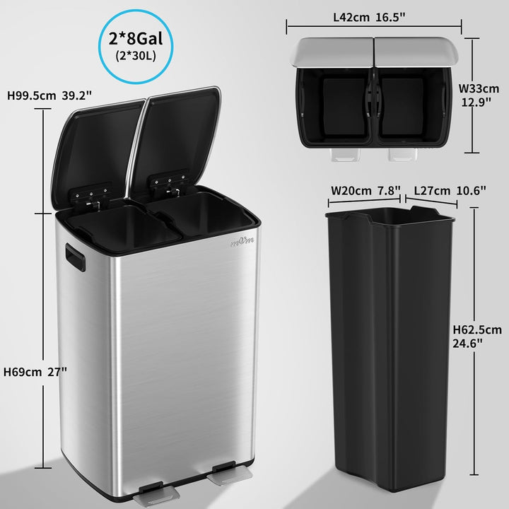 mVm Mülleimer Küche,60 Liter Treteimer,2x30L Doppelter Abfalleimer 2er-Mülleimer Mülltrennung mit In
