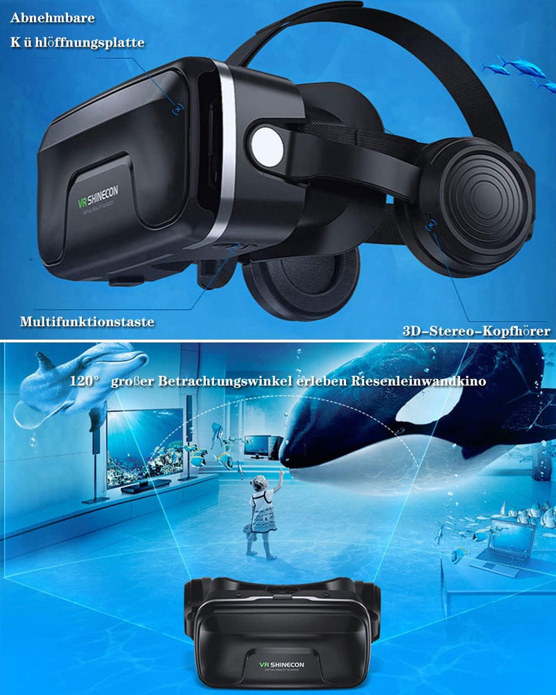 VR Brille für Handy ,VR Headset Virtual Reality Brille 3D mit Bluetooth Fernbedienung Erleben Spiele