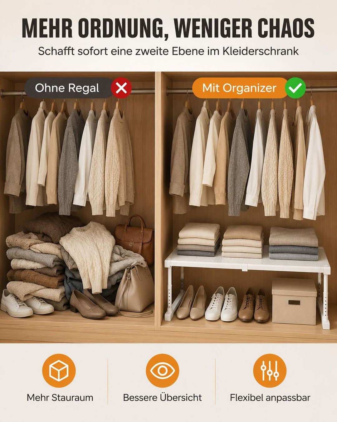 Stapelbar Schrank Kleiderschrank Organizer, Schrankeinsatz, Platzsparende Regal für Schrank innen, S