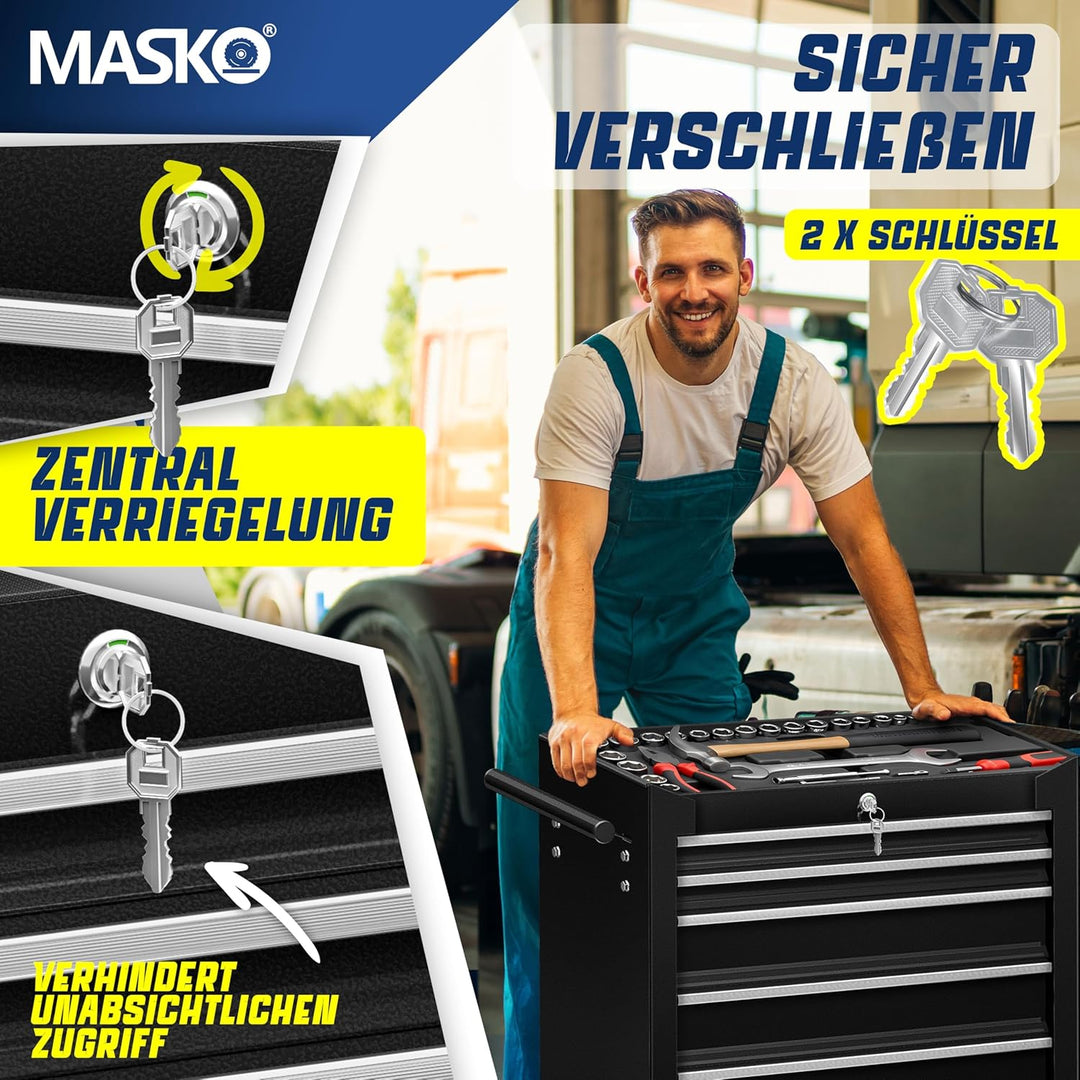 MASKO® Werkstattwagen - 7 Schubladen, schwarz | Abschliessbar | Massives Metall | Mobiler Werkzeug-W