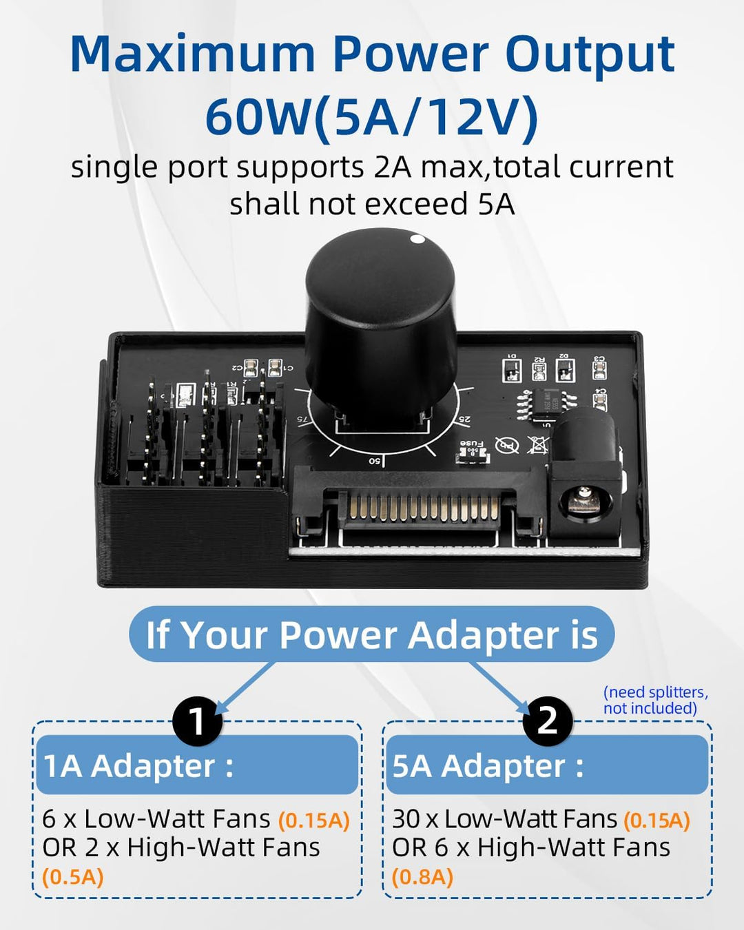 12V 4Pin PWM PC Lüfterregler für 6 PC Lüfter, 1 Eingang 6 Ausgänge PWM Lüfter Hub mit SATA/DC 5521 S