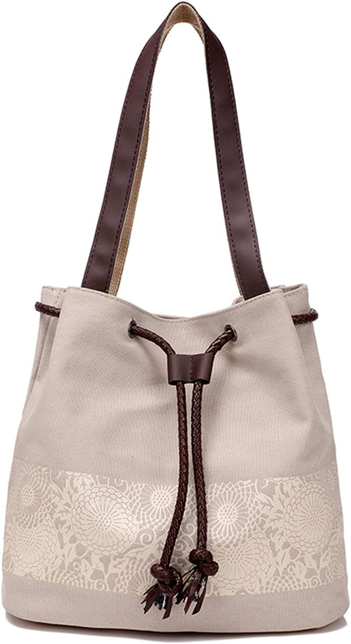 PORRASSO Damen Schultertasche Canvas Tote Umhängentasche Retro Kordelzug Beuteltasche Frauen Shopper
