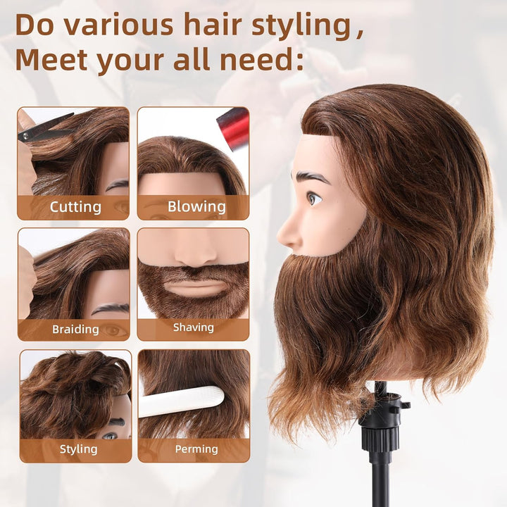 Mann Frisierkopf 100% Echthaar mit Bart Männlich Übungskopf Echthaar Friseur Kopf Puppenkopf Mannequ