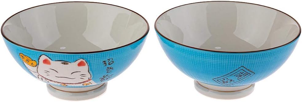 lachineuse 2 Porzellan Suppen- oder Ramenschalen - Katzenmuster Maneki Neko, Blau Blau / Weiss, Blau