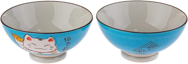 lachineuse 2 Porzellan Suppen- oder Ramenschalen - Katzenmuster Maneki Neko, Blau Blau / Weiss, Blau
