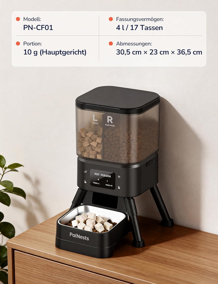 Futterautomat Katze 4L, PalNests Automatischer Futterspender für Katze und Hund mit Edelstahlnapf, D