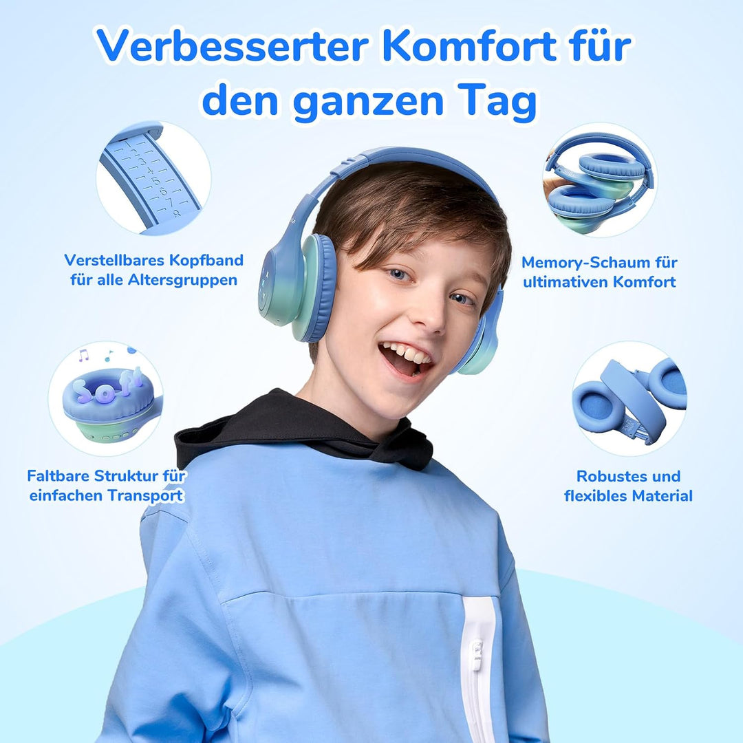 EarFun Bluetooth Kopfhörer Kinder, 5 LED Beleuchtungsmodi, und AUX Kabel | 74/85/94 dBA Lautstärkebe