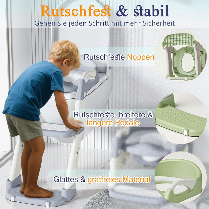 3 IN 1 Toilettensitz Kinder, Toilettenleiter für Kinder mit Verstellbar Treppe, Spritz und Rutschfes