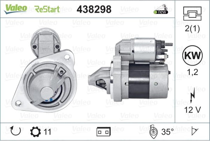 VALEO 438298 Starter Nennleistung: 1,2 kW Stop & Start: YES Zähnezahl: 11 zähne Spannung: 12 V Drehr