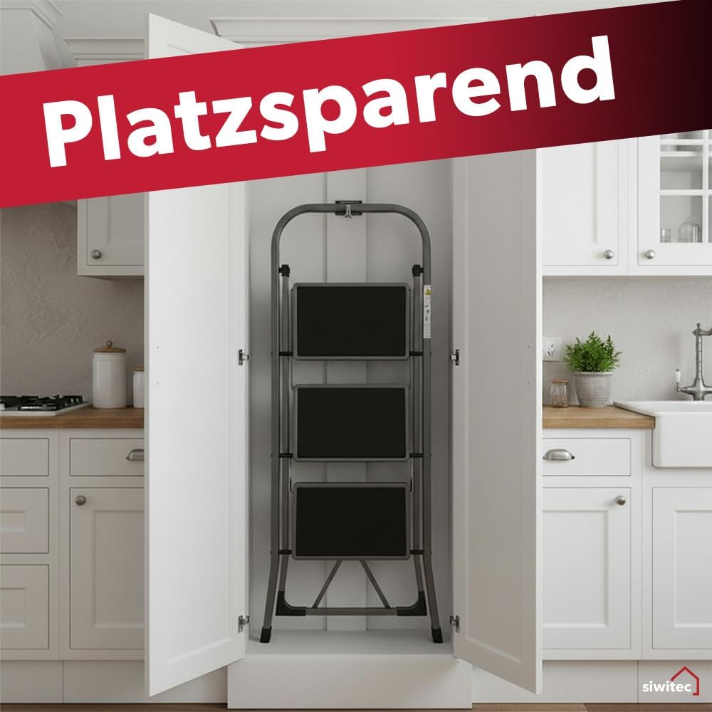 siwitec Klapptritt aus Stahl mit 3 Stufen, anthrazit, kleine Leiter mit Anti-Rutschmatten, 150 kg Tr