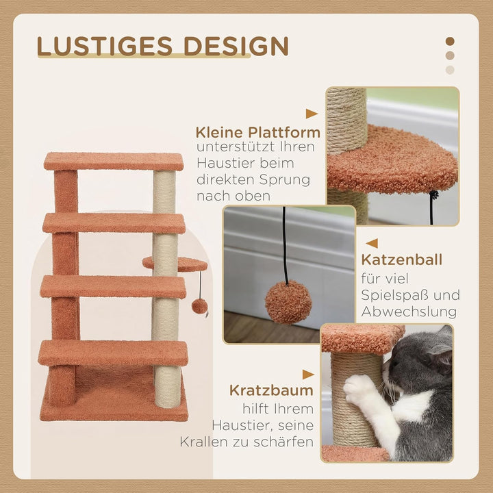 PawHut Katzentreppe 4 Stufen Tiertreppe Treppe für Katze mit Kratzsäulen Ball Haustiertreppe Hundetr