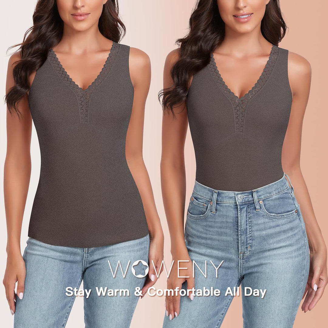 WOWENY Thermo Trägershirt Langarmshirt Damen Tank Top mit Spitze Ärmellose/Langarm Elegant Top Unter