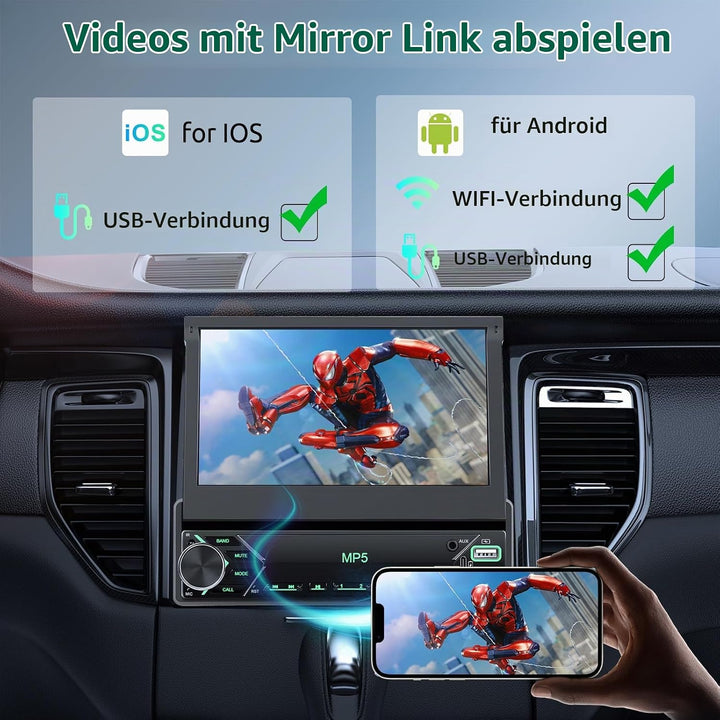 Autoradio 1 Din mit Drahtlos Carplay Android Auto, 7 Zoll IPS HD Manueller Flip Touchscreen Autoradi