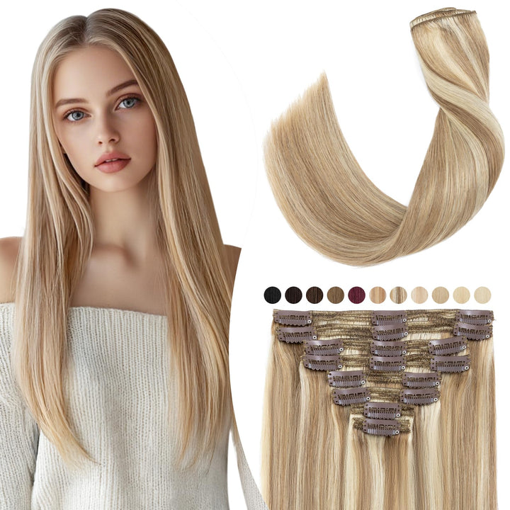 Elailite Extensions Echthaar Clip in 8 Tressen Voller Kopf 