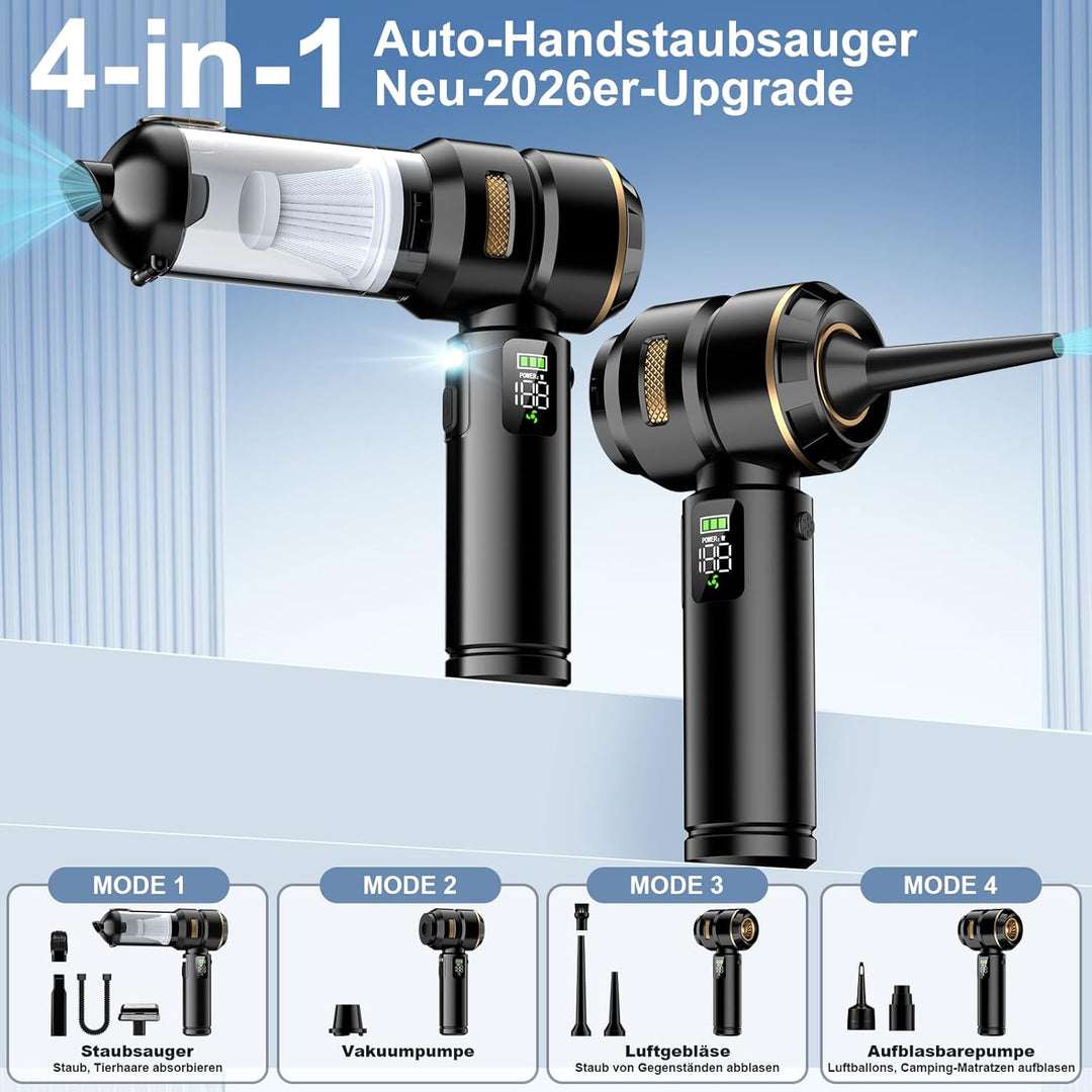 Handstaubsauger Akku 4-in-1, 32000Pa Auto Staubsauger Stark, Handstaubsauger Auto, LCD Display Autos