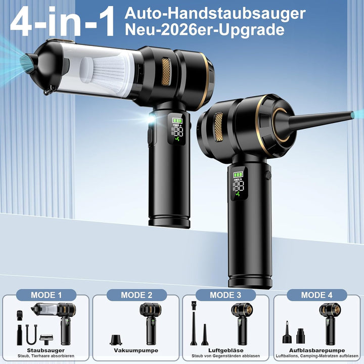 Handstaubsauger Akku 4-in-1, 32000Pa Auto Staubsauger Stark, Handstaubsauger Auto, LCD Display Autos