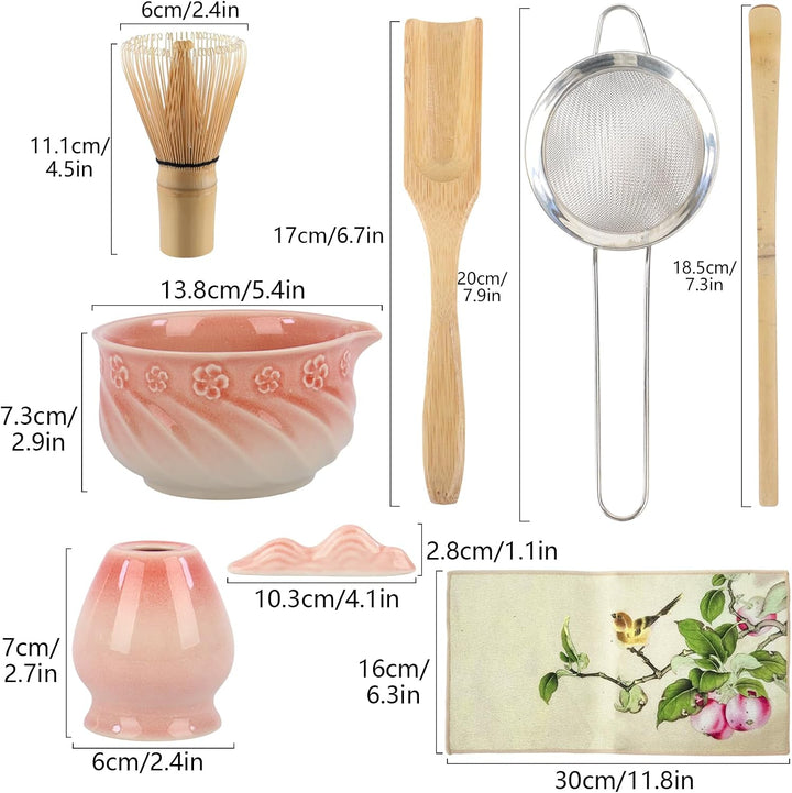 Matcha Besen Set 8-teilig – Matcha Set mit Keramik Matcha Schale, Matcha Besen, Löffel, Messlöffel,
