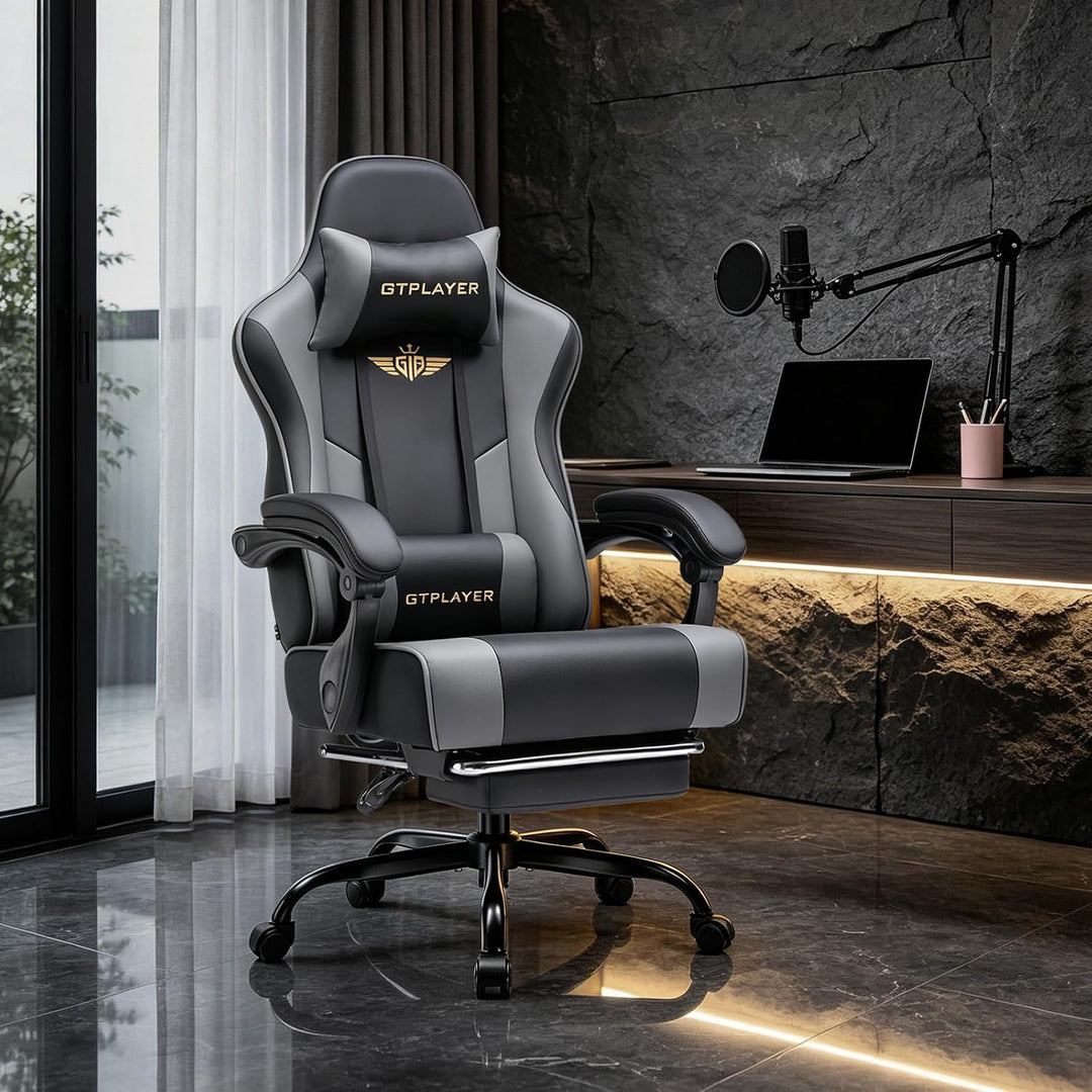 GTPLAYER Gaming Stuhl Chair Gamer Sessel - Ergonomischer Gamer Stuhl mit Fussstütze Kopfstütze und L
