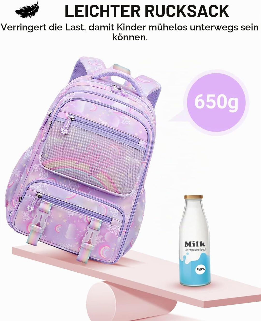IvyH Kinderrucksack Mädchen Schulrucksack Grosse, Schulranzen Mädchen 2-6. Klasse, Wasserdicht Rucks