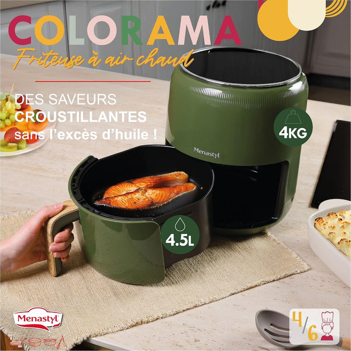 MENASTYL - Fritteuse ohne Heissluftöl Colorama – Oliv – ohne PFAS – 4,5 l – 8 Programme – Temperatur