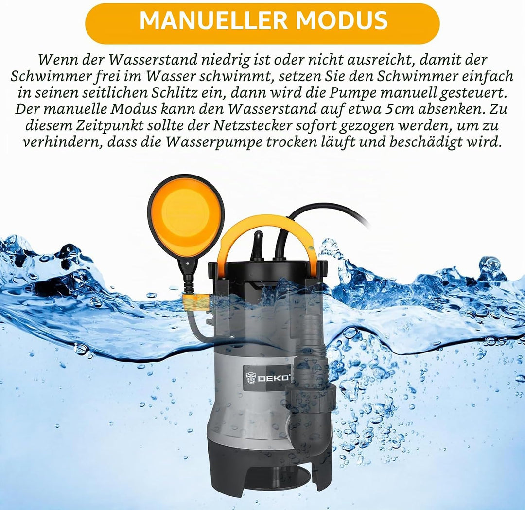 DEKO Wasserpumpe, Tauchpumpe 400W/8000L/H mit Schwimmerschalter für Schwimmbad, Badewanne und Garten