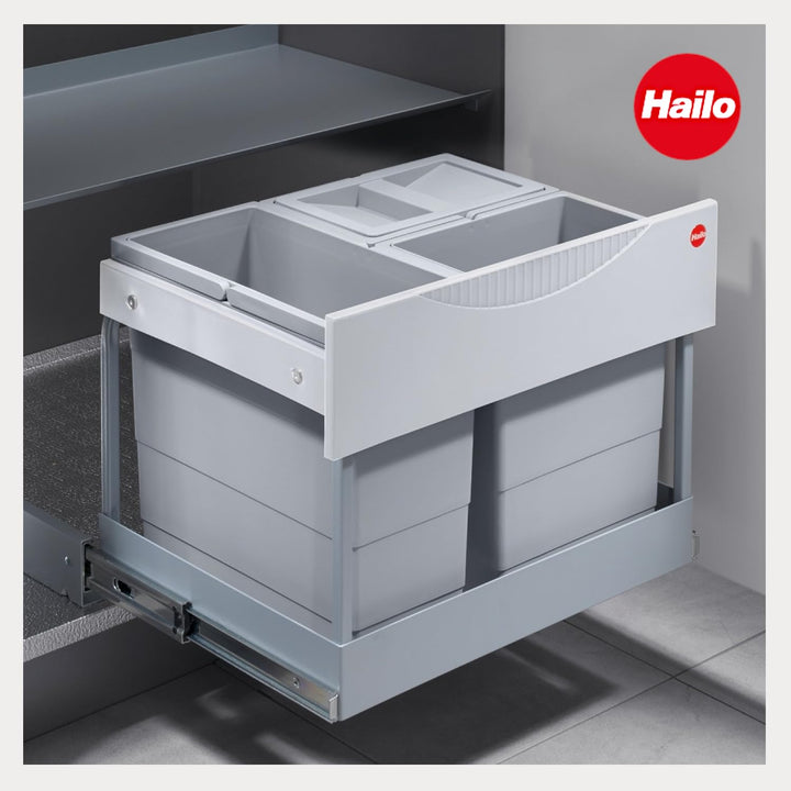 Hailo Abfallsammler 3644801 | 3-fach Raumspar Tandem Mülleimer | 2x 8.5 + 12L Abfalleimer | Ausfahra