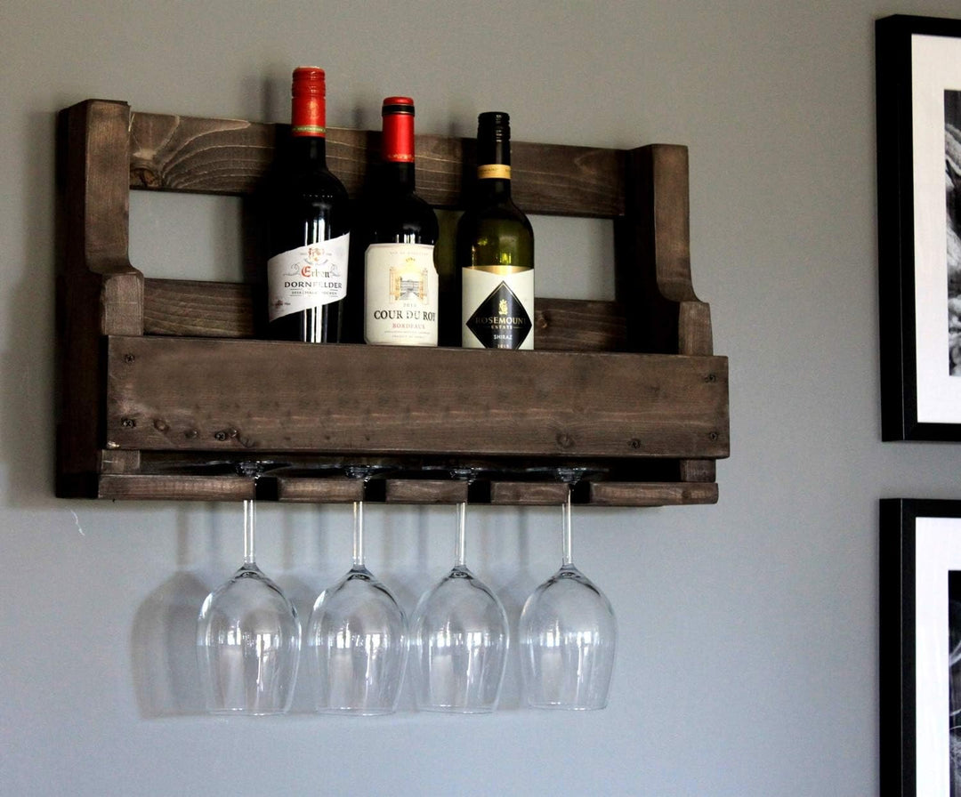 Hochwertiges Weinregal aus Holz für die Wand - mit Gläserhalter - Braun - fertig montiert - Regal fü