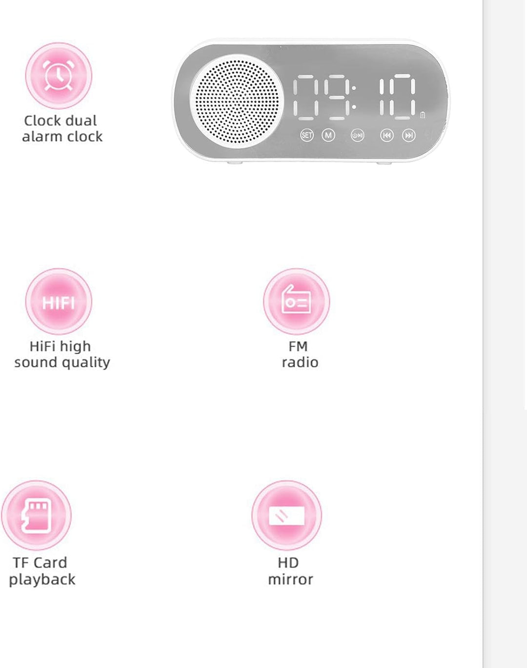 Digitaler Radiowecker, Lautsprecher-Spiegeluhr, HIFI-FM-Radio, Wiederaufladbare Bluetooth 5.0-Lautsp