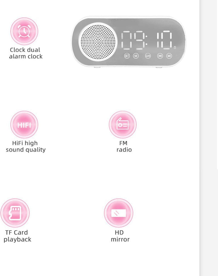 Digitaler Radiowecker, Lautsprecher-Spiegeluhr, HIFI-FM-Radio, Wiederaufladbare Bluetooth 5.0-Lautsp