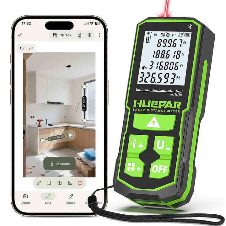 Huepar Laserdistometer 393Ft(120M) mit wiederaufladbaren Akku und Doppelwinkel–Display, Lasermessung