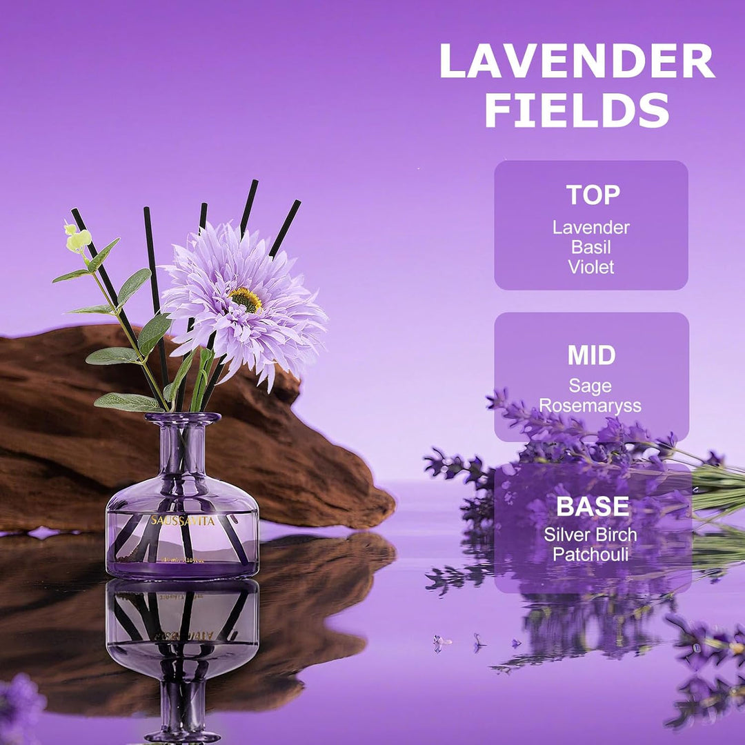 Blume Raumduft Diffuser 120 Tage für Büro Lavendelfelder Duft Aroma Diffuser mit 7 Duftstäbchen, Nat