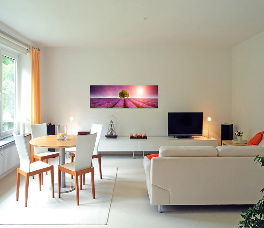 Paul Sinus Art Panoramabild auf Leinwand und Keilrahmen 150x50cm Lavendelfeld Baum Sommer Sonnenunte