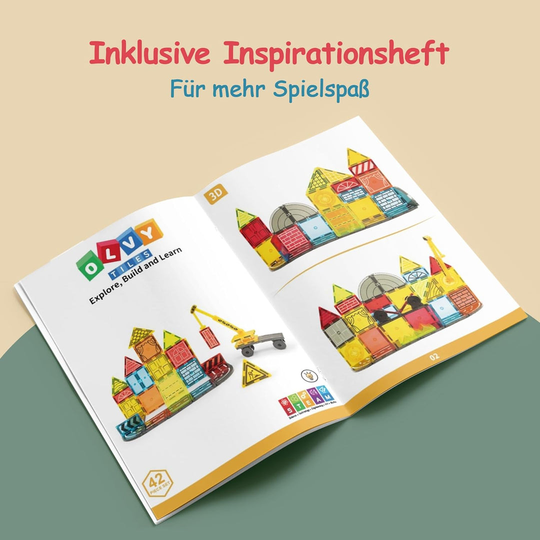 Olvy Magnetische Bausteine Montessori Spielzeug - 42 Magnetic Tiles Kinder - Magnetisches Konstrukti