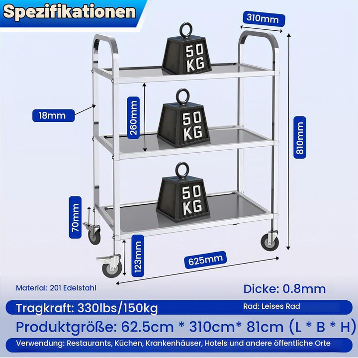 Servierwagen Küchenwagen Edelstahl Rollwagen Teewagen Transportabräumwagen Gastro Servierhilfe 3 Bor