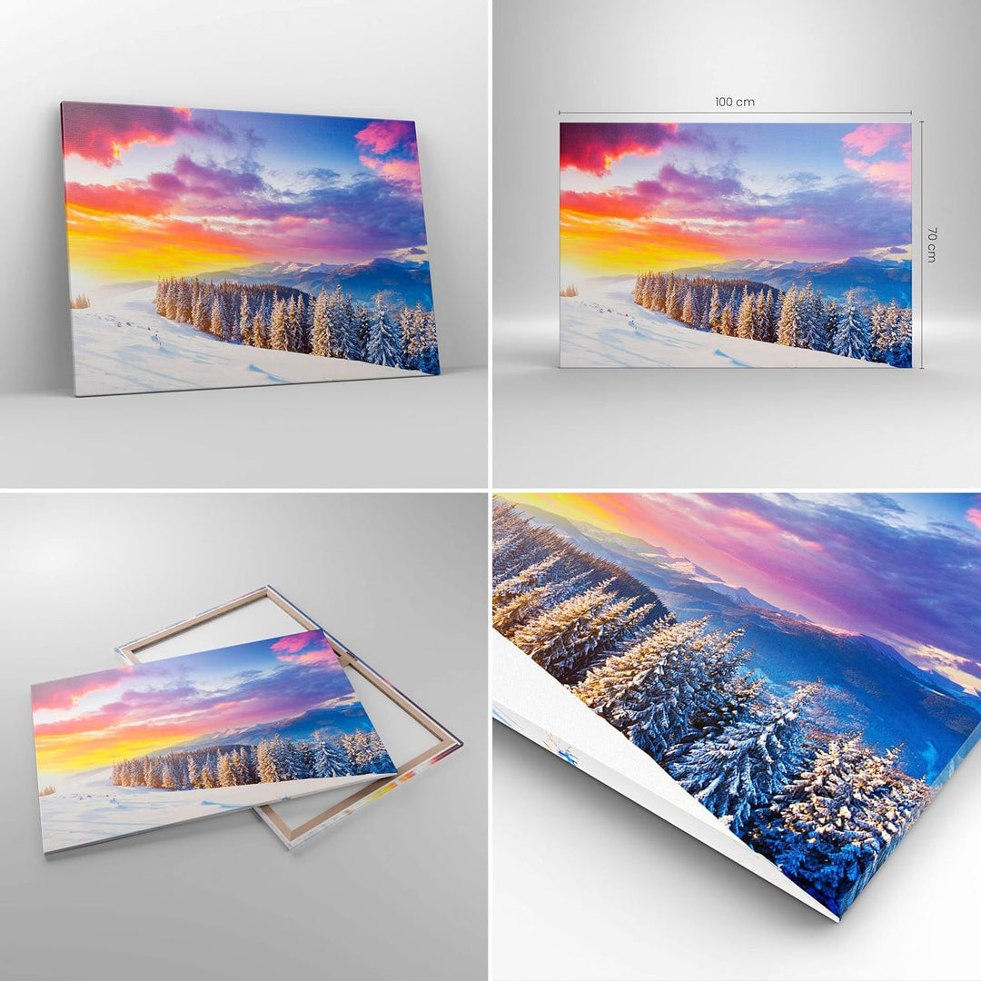 Bilder auf Leinwand 100x70cm Leinwandbild mit Rahmen Berge Schnee Winter Gross Wanddeko Bild Schlafz