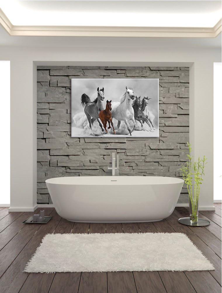 Mustangs in der Wüste mit Fohlen schwarz/weiss Format: 100x70 auf Leinwand, XXL riesige Bilder ferti