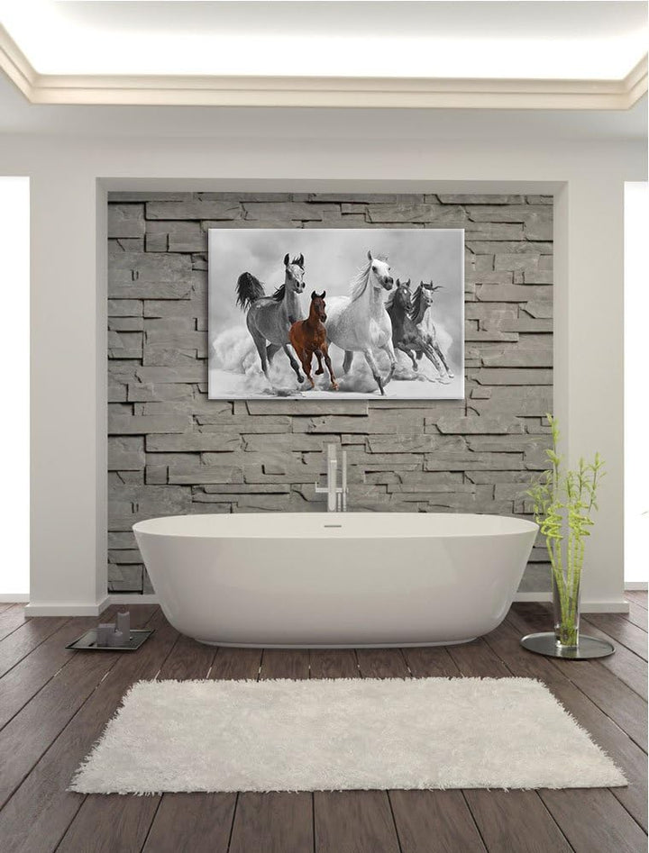 Mustangs in der Wüste mit Fohlen schwarz/weiss Format: 100x70 auf Leinwand, XXL riesige Bilder ferti