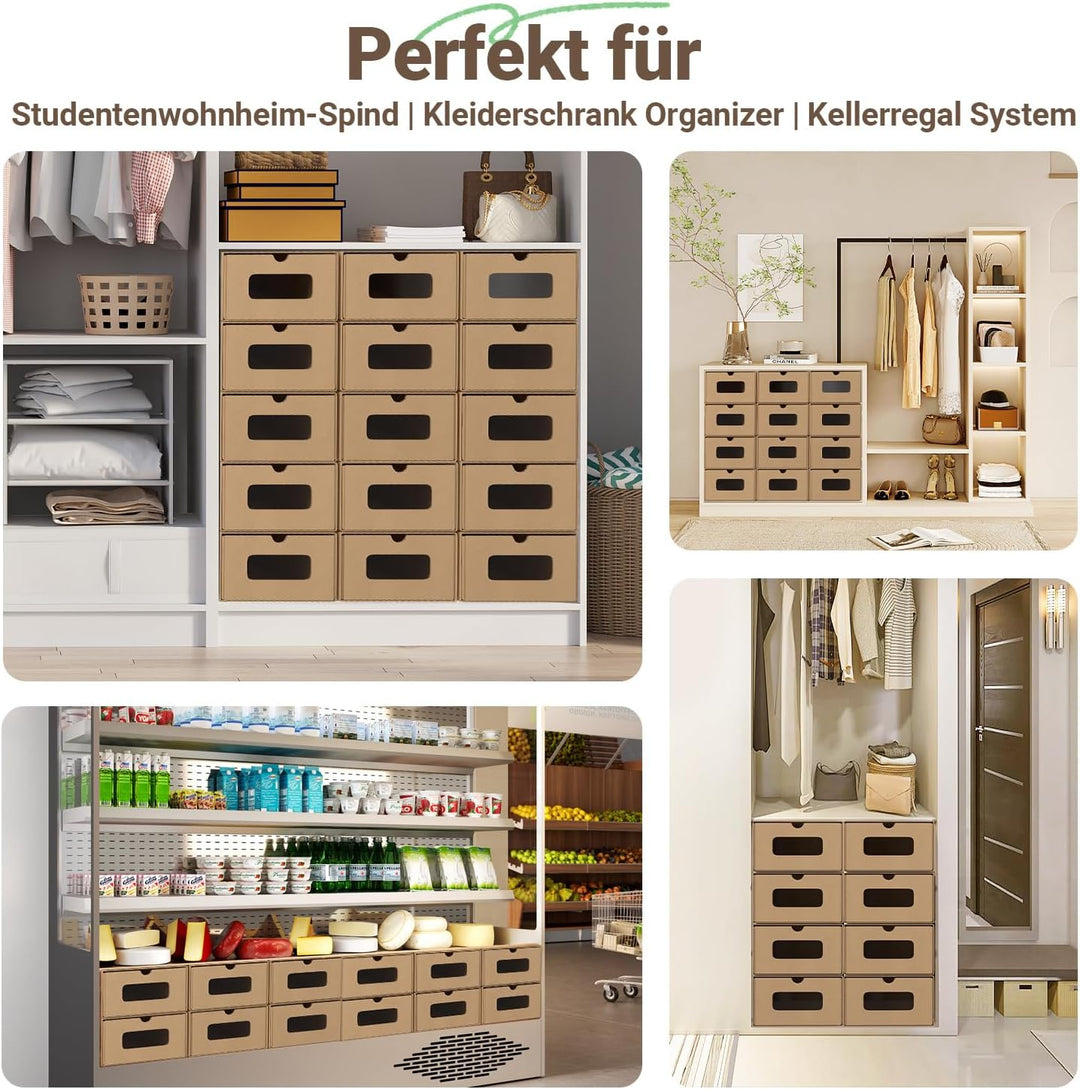 30x Aufbewahrungsbox in Braun – Stapelbare Schuhbox aus Kraftpapier mit Sichtfenster, Faltbare Schuh
