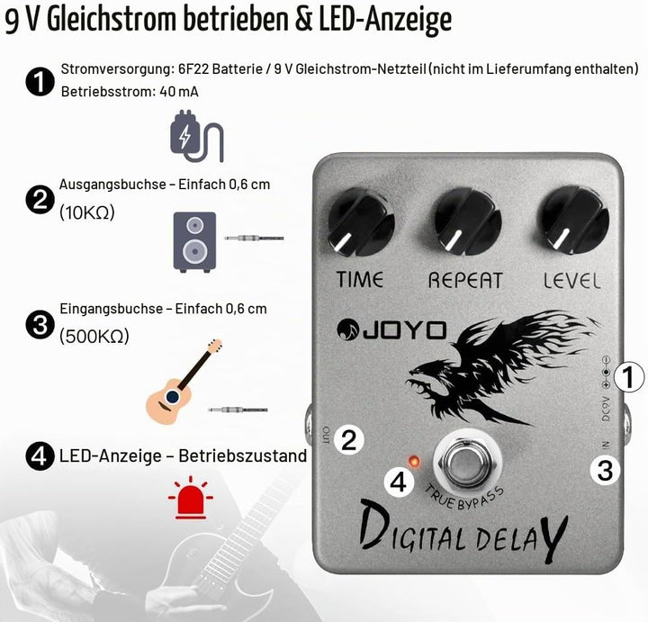 JOYO Digitales Delay-Effektpedal für E-Gitarre und Bass, Verzögerungszeitbereich 25–600 ms, Sounds „