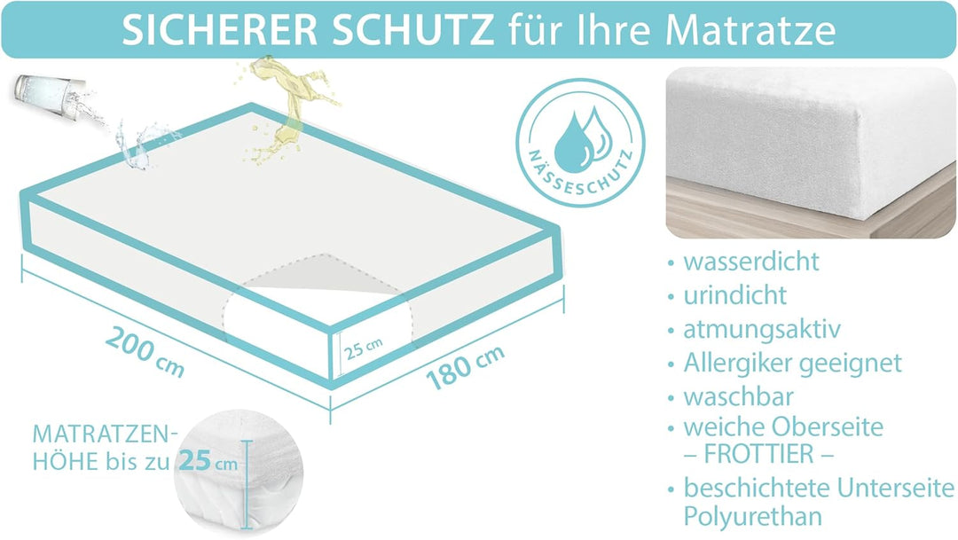 Frottier Matratzenschutz 100x200cm mit rundum Gummi und Nässeschutz verschiedene Grössen von Castejo