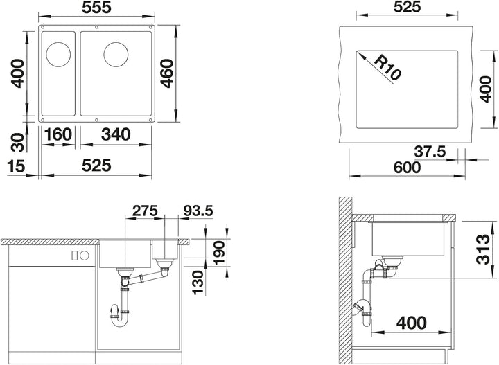 BLANCO SUBLINE 340/160-U | SILGRANIT anthrazit | Einbauart: Unterbau | Hauptbecken rechts | ohne Abl