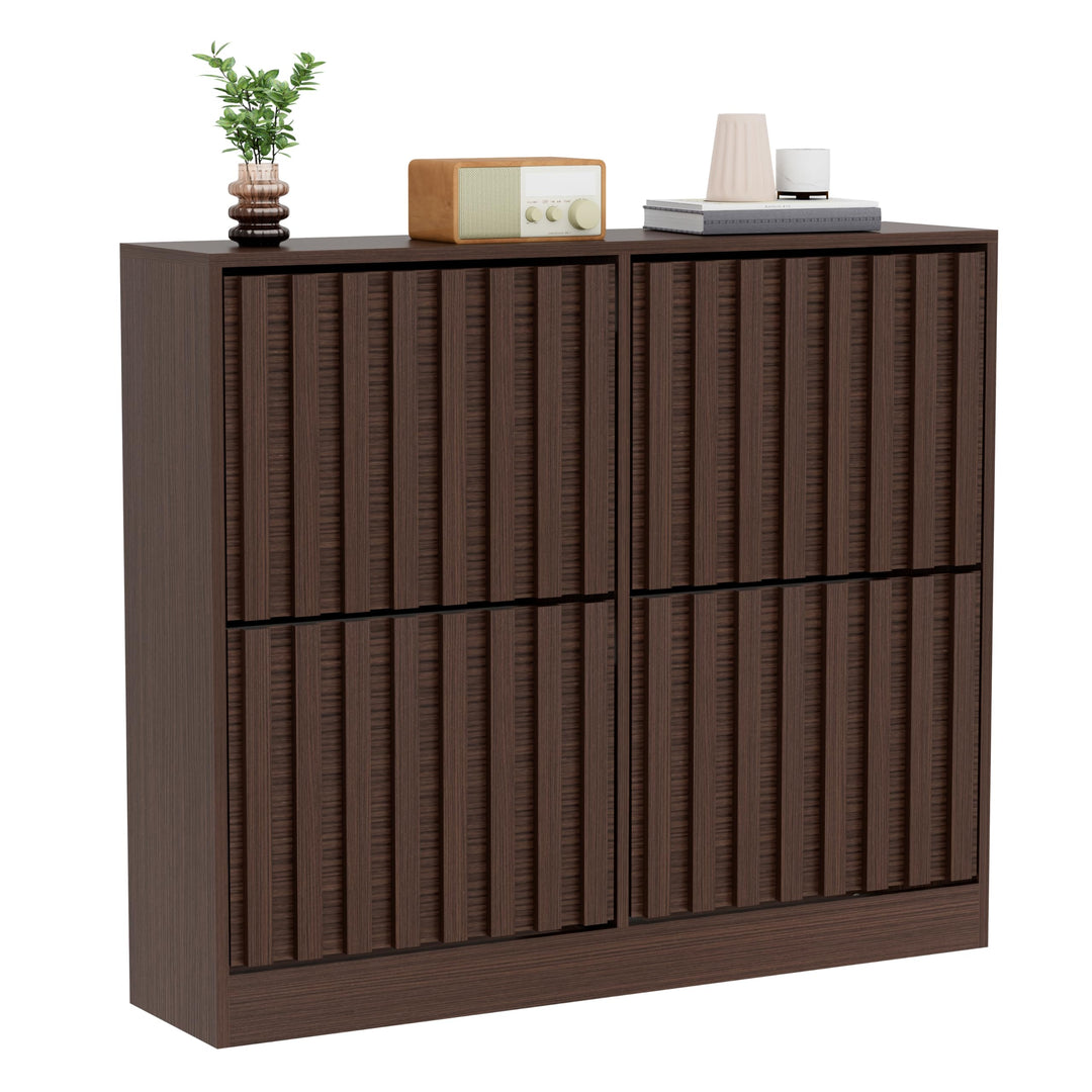 UEV Schuhschrank mit 4 Klappen Holz Schmal Schuhkipper Schuhkommode mit Kippschutz, Schuhaufbewahrun