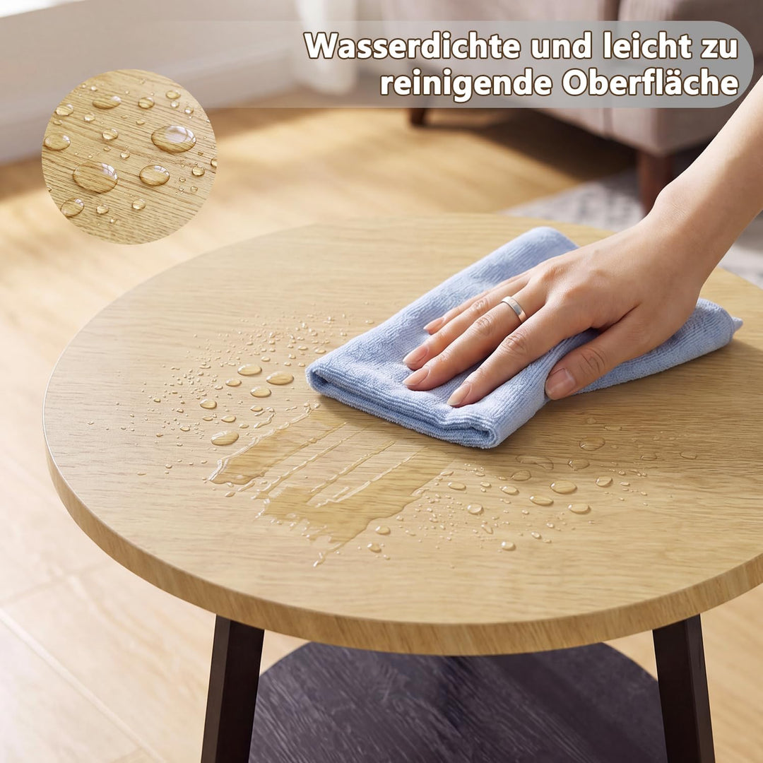 Beistelltisch Rund, Couchtisch Klein mit 2 Etagen, Runder Holz Beistelltisch im Vintage Stil, Eiche