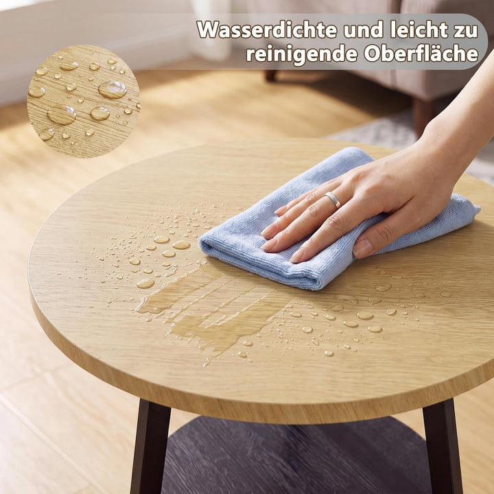 Beistelltisch Rund, Couchtisch Klein mit 2 Etagen, Runder Holz Beistelltisch im Vintage Stil, Eiche