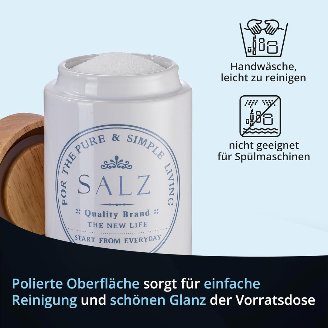 KHG Salzdose Keramik Steingut Weiss Holzdeckel Bambus, Salz Aufbewahrung luftdicht für ca. 1 kg fein